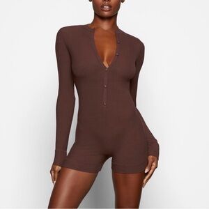 SKIMS Ribbed Henley Lounge Romper Brown